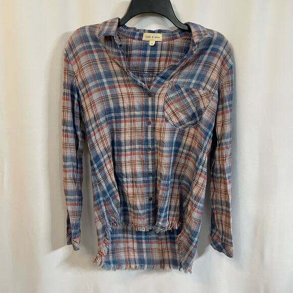 Cloth & Stone Aberdeen Indigo Plaid Check Raw Hem Frayed Top Small - Picture 2 of 7